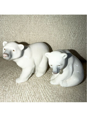 Vintage 1970s Lladro Polar Bears Standing/Sitting Poses Hand Made Spain Set/2